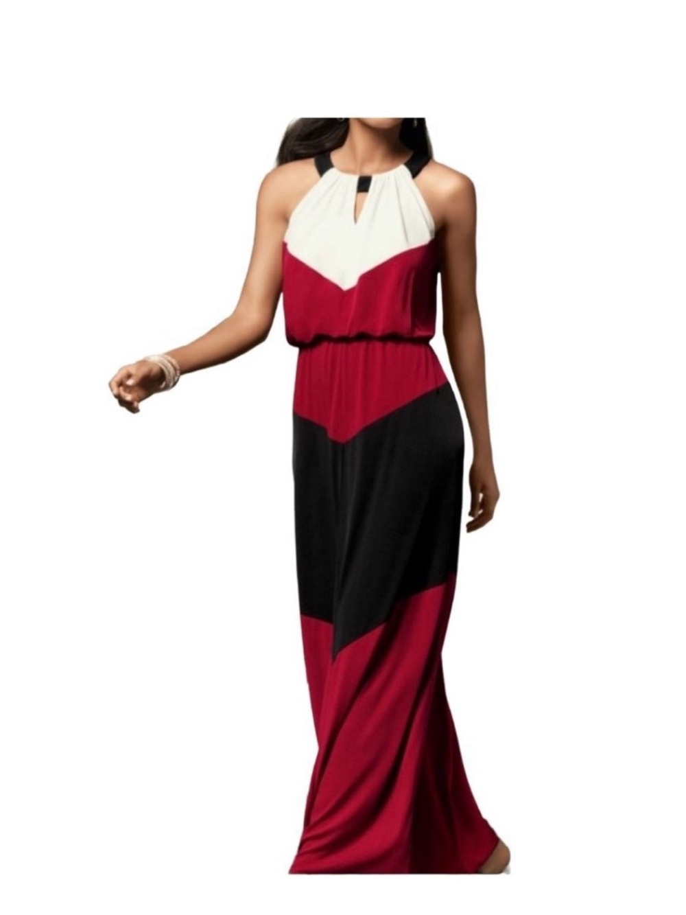 London Times Colorblock Halter Maxi Dress in Burgundy, Black & Cream